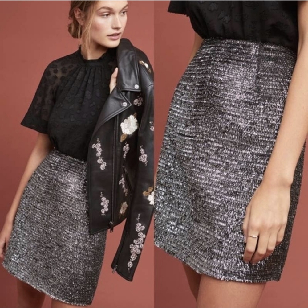 Metallic silver and black eyelash mini skirt from Anthropologie, brand Hutch